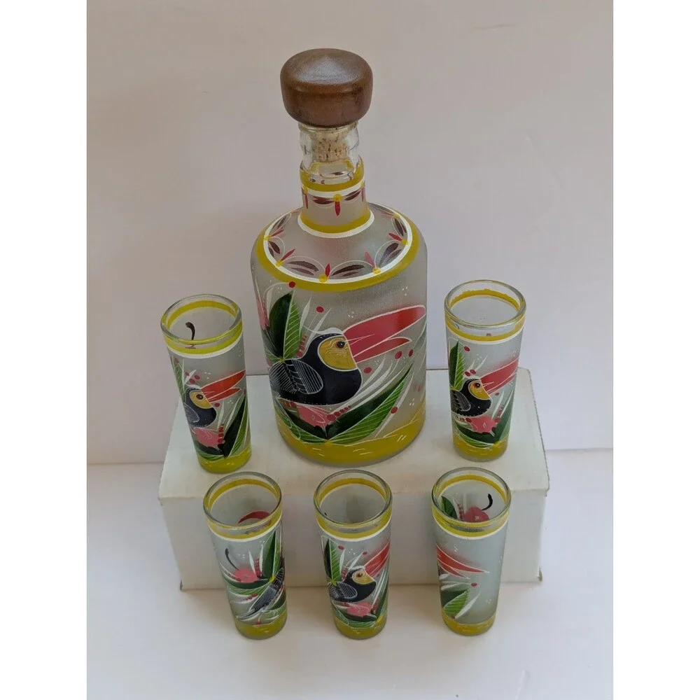 Tropical Toucan Bird Tequila Decanter And Shot Glass Set Hand Painted Frosted 9